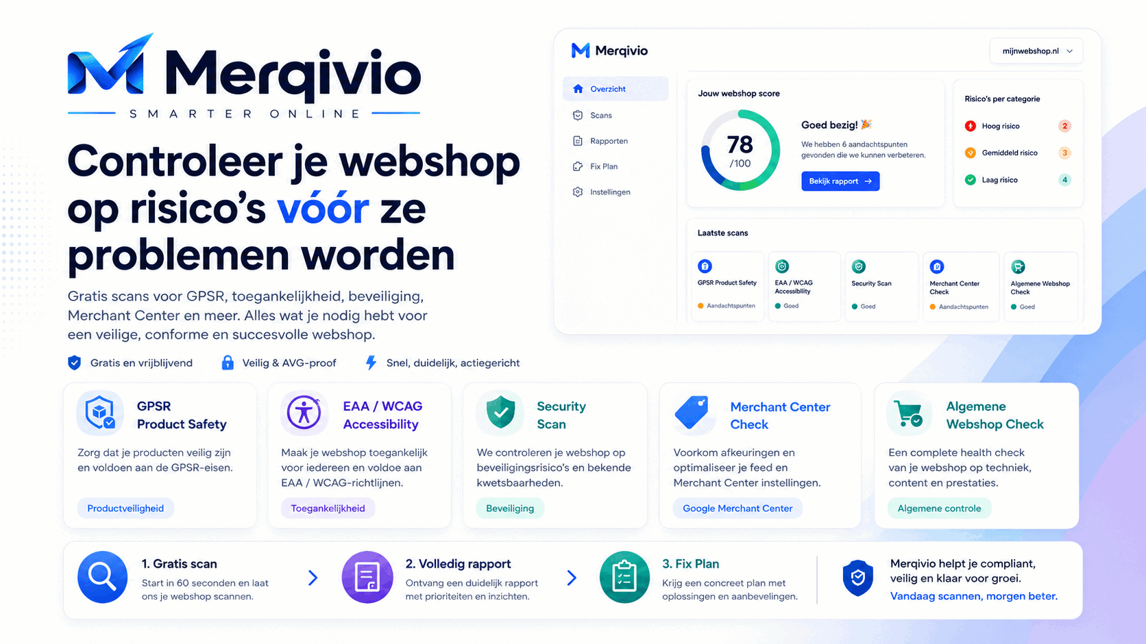Merqivio overzicht van webshopscans voor GPSR, toegankelijkheid, security, privacy, kortingen, AI Shopping en Merchant Center