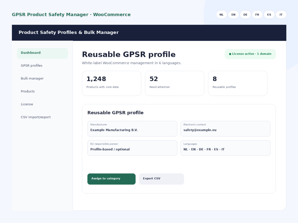 Gestore GPSR sicurezza prodotto per WooCommerce