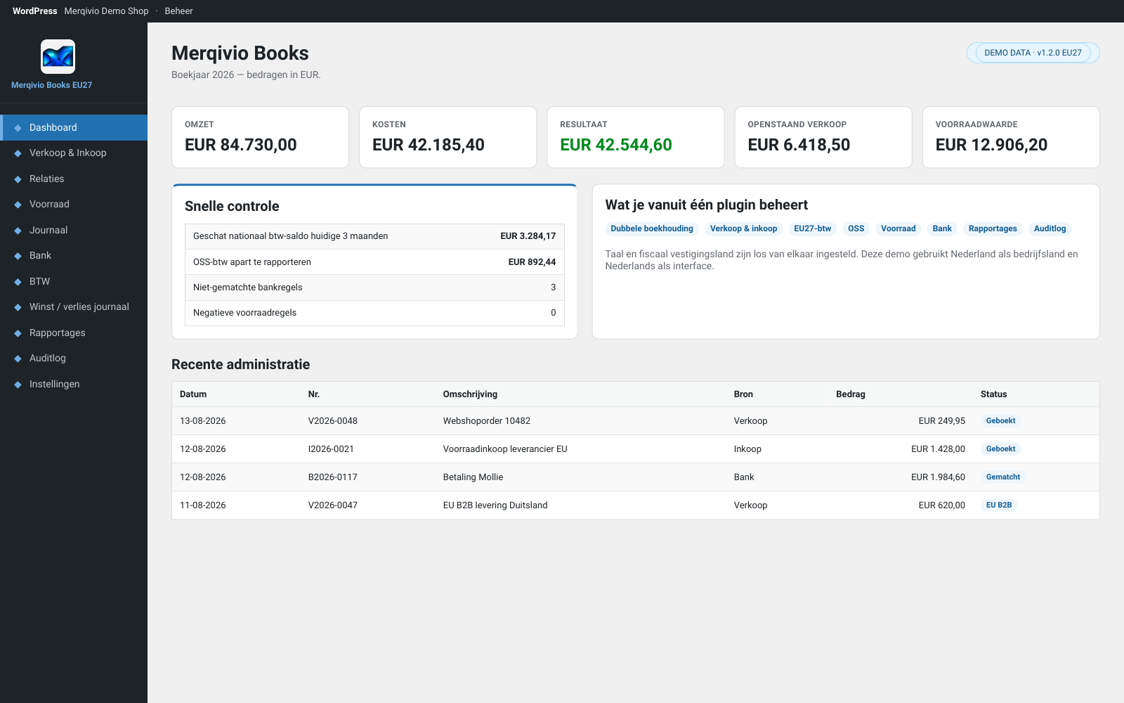 Merqivio Books EU27 dashboard met omzet, kosten, resultaat, voorraad en controles