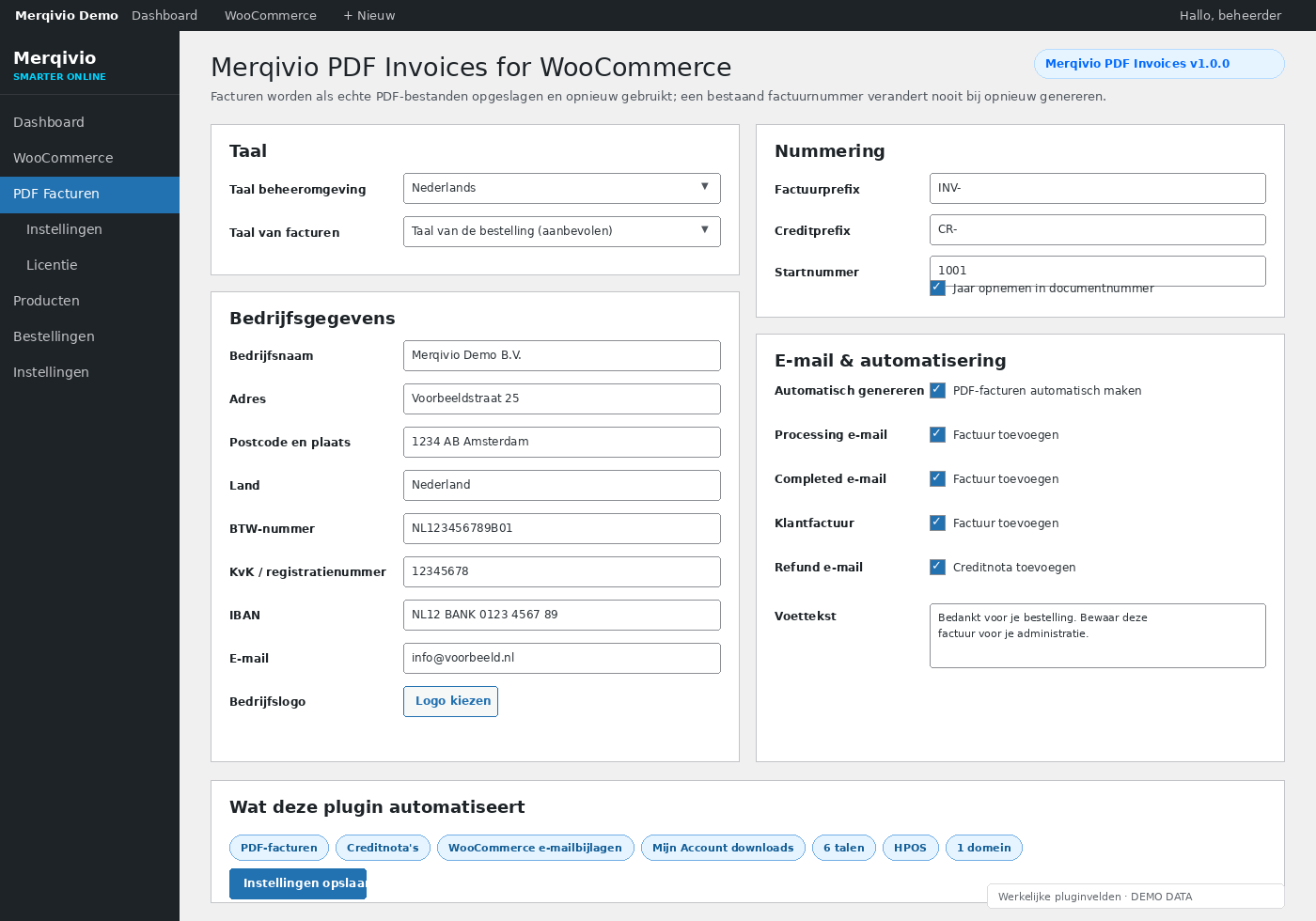 Merqivio PDF Invoices for WooCommerce instellingen en automatisering